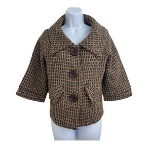 Frac Wool Blend Crop Swing Jacket Coat  Blazer Lined 3/4 Sleeve Brown White S
